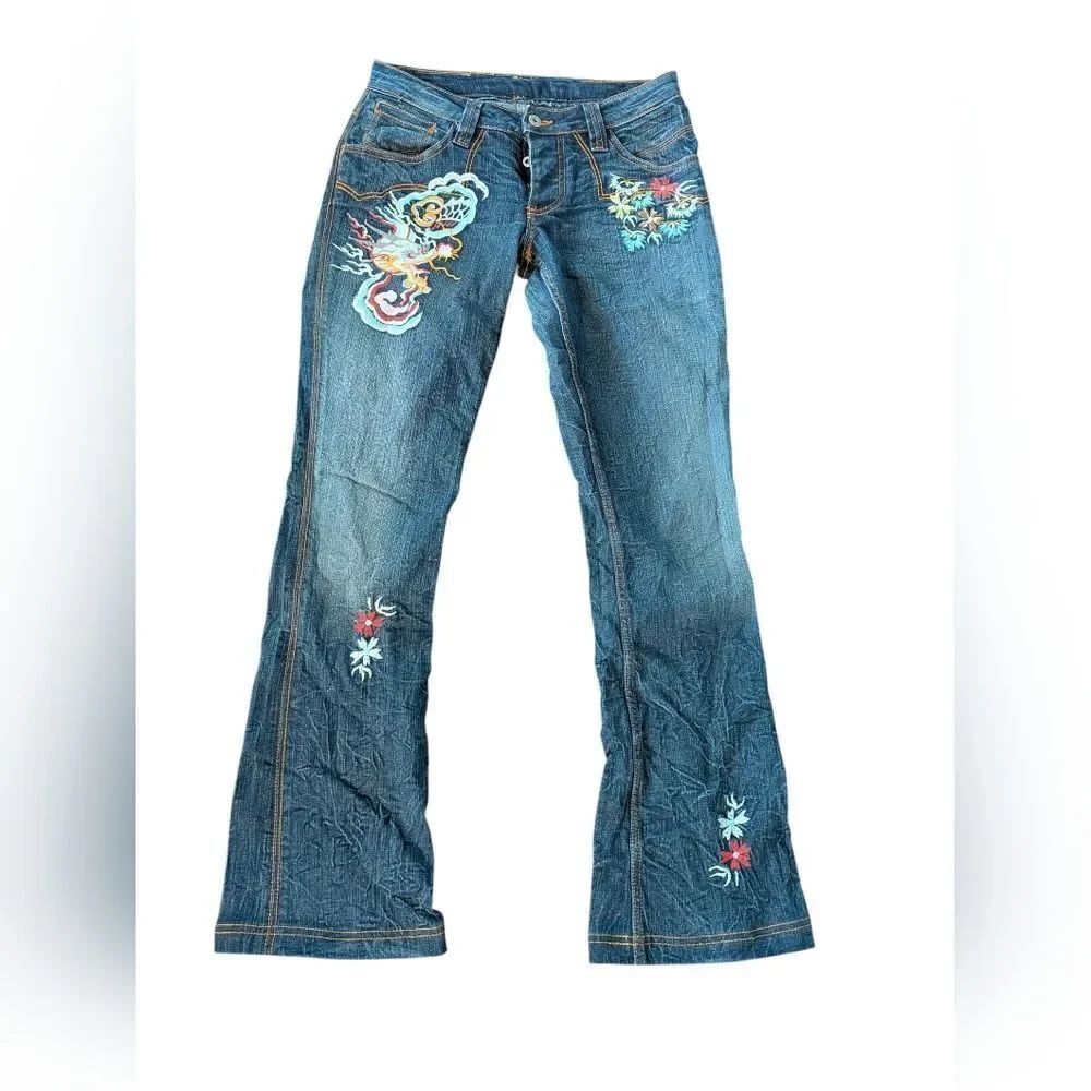 Rare Antik Denim Flared Tiger Dragon Embroidered Denim Vintage Jeans Size 28 Y2K